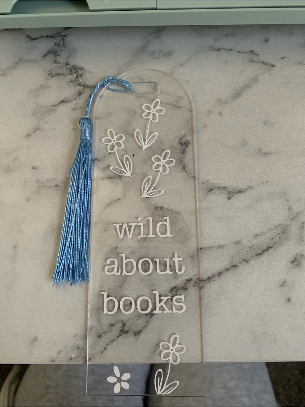 Clear Acrylic 'Wild About Books' Bookmark with Blue Tassel